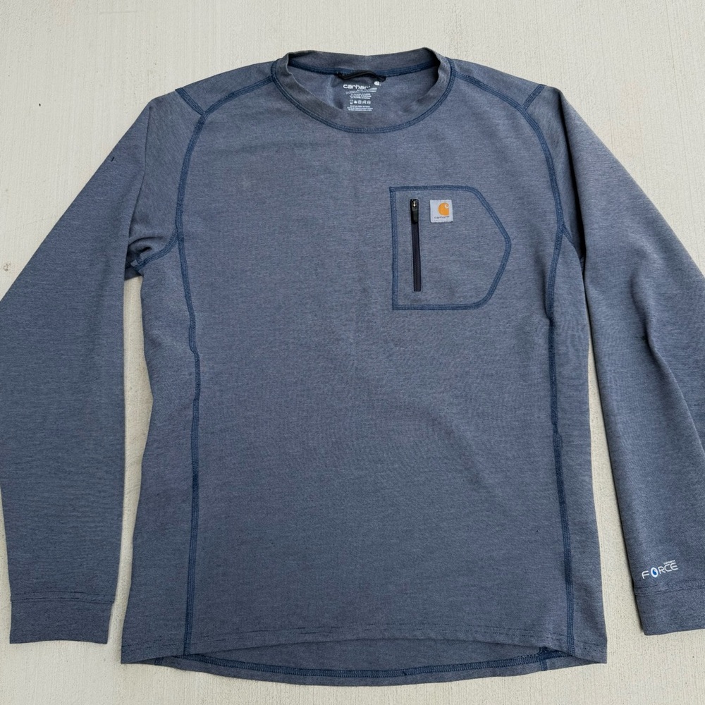 Carhartt Force Long Sleeve Pocket T-Shirt Heather Blue Zip Chest Pocket Medium